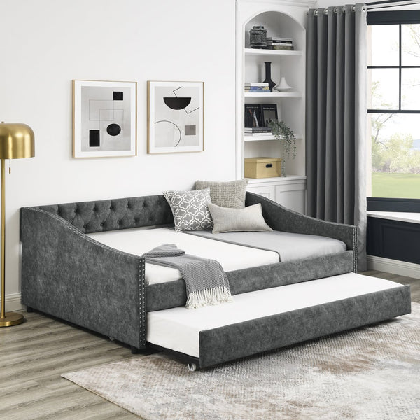 English Elm Full Size Daybed With Twin Trundle - Stylish Upholstered Sofa Bed With Tufted Design & Nailhead Trim W1413S00007
