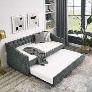 English Elm Twin Size Daybed With Trundle – Elegant Upholstered Sofa Bed, Button-Tufted Design In Grey Finish W1413S00005-GIGA