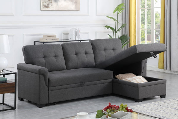 English Elm Lucca Tufted Linen Sleeper Sectional with Reversible Storage Chaise for Compact Rooms B061S00002