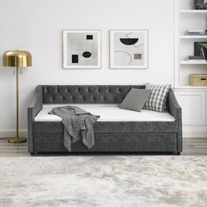 English Elm Twin Size Daybed With Trundle – Elegant Upholstered Sofa Bed, Button-Tufted Design In Grey Finish W1413S00005-GIGA