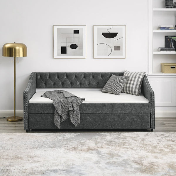 English Elm Twin Size Daybed With Trundle – Elegant Upholstered Sofa Bed, Button-Tufted Design In Grey Finish W1413S00005-GIGA