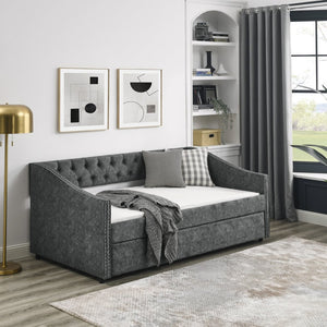 English Elm Twin Size Daybed With Trundle – Elegant Upholstered Sofa Bed, Button-Tufted Design In Grey Finish W1413S00005-GIGA