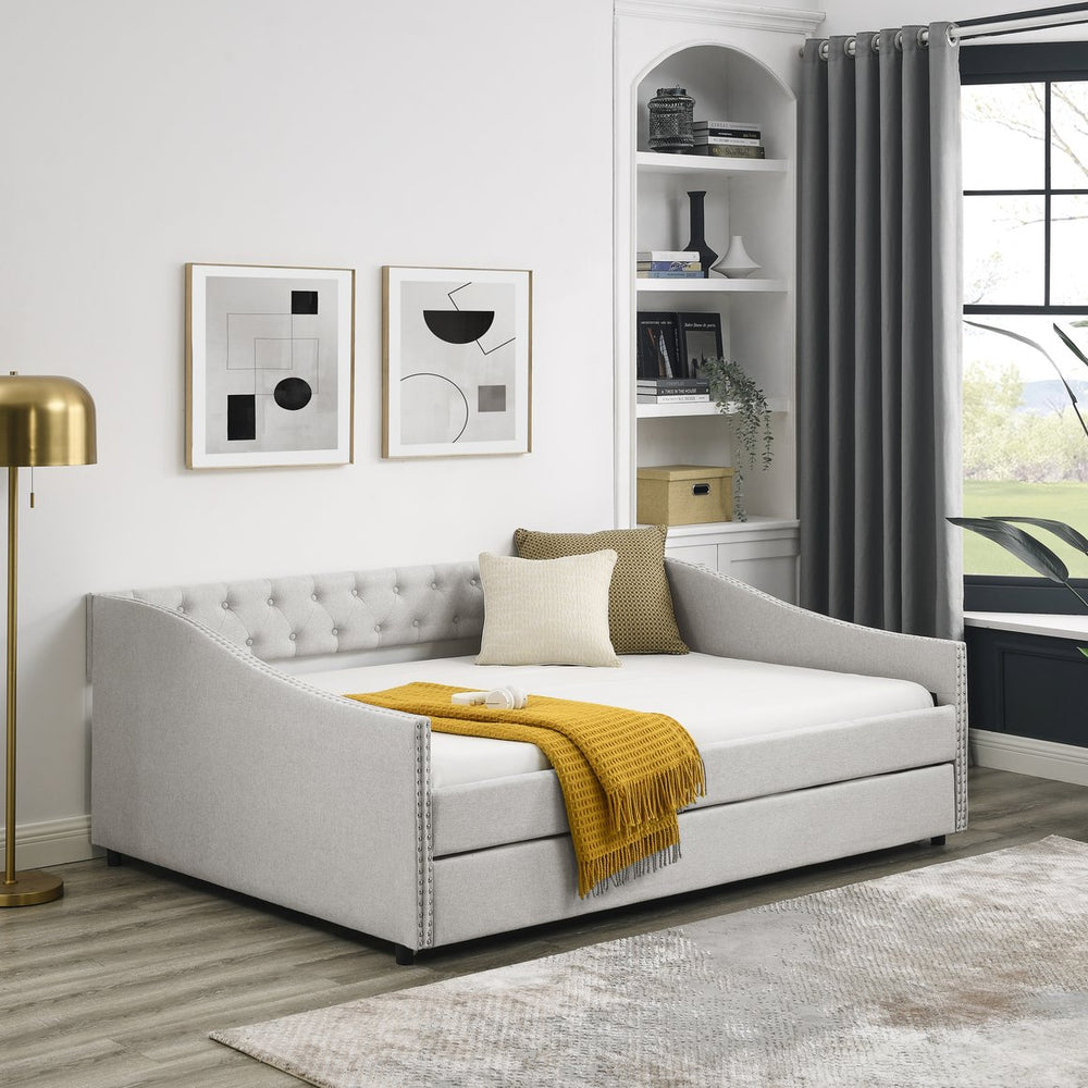 English Elm Full Size Daybed With Twin Trundle - Upholstered Tufted Sofa Bed With Stylish Copper Nailhead Trim W1413S00008