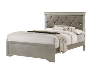 English Elm Modern Queen Size Panel Bed with Champagne Finish, Crocodile Texture PU Headboard, Tufted Elegance B011S00391
