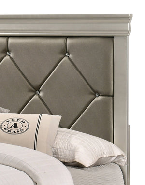English Elm Modern Queen Size Panel Bed with Champagne Finish, Crocodile Texture PU Headboard, Tufted Elegance B011S00391