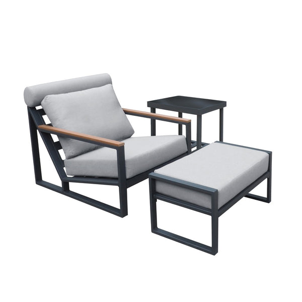 English Elm Recliner Patio Chair with Ottoman Aluminum Frame Teak Accents Waterproof Cushions W1889109347