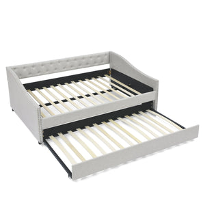 English Elm Full Size Daybed With Twin Trundle - Upholstered Tufted Sofa Bed With Stylish Copper Nailhead Trim W1413S00008