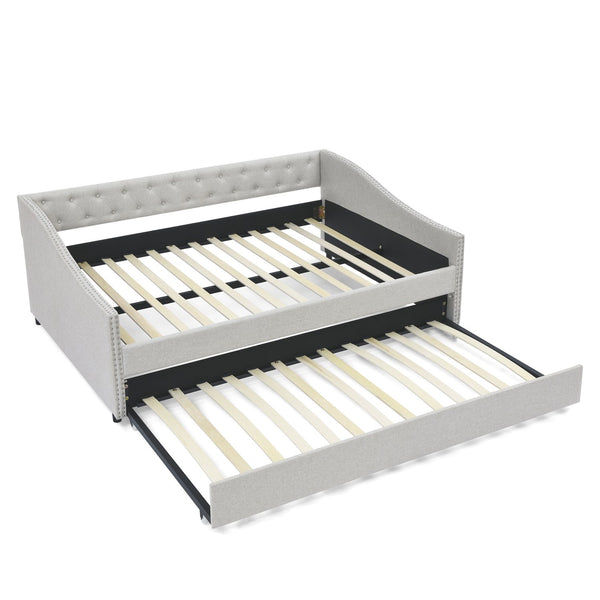 English Elm Full Size Daybed With Twin Trundle - Upholstered Tufted Sofa Bed With Stylish Copper Nailhead Trim W1413S00008