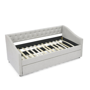 English Elm Twin Size Daybed With Trundle - Stylish Upholstered Sofa Bed With Tufted Back, Copper Nail Accents W1413S00006-GIGA