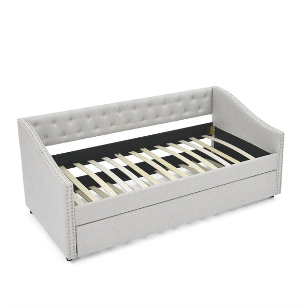 English Elm Twin Size Daybed With Trundle - Stylish Upholstered Sofa Bed With Tufted Back, Copper Nail Accents W1413S00006-GIGA