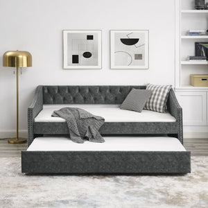 English Elm Twin Size Daybed With Trundle – Elegant Upholstered Sofa Bed, Button-Tufted Design In Grey Finish W1413S00005-GIGA