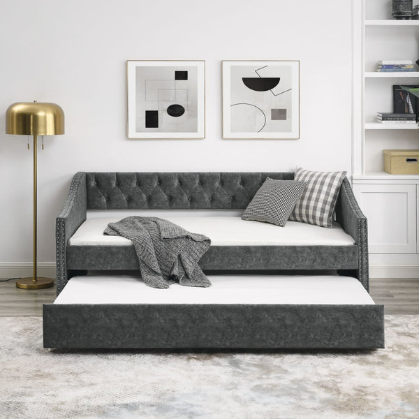 English Elm Twin Size Daybed With Trundle – Elegant Upholstered Sofa Bed, Button-Tufted Design In Grey Finish W1413S00005-GIGA