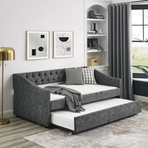 English Elm Twin Size Daybed With Trundle – Elegant Upholstered Sofa Bed, Button-Tufted Design In Grey Finish W1413S00005-GIGA