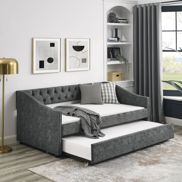 English Elm Twin Size Daybed With Trundle – Elegant Upholstered Sofa Bed, Button-Tufted Design In Grey Finish W1413S00005-GIGA