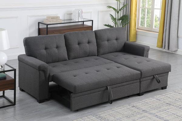 English Elm Lucca Tufted Linen Sleeper Sectional with Reversible Storage Chaise for Compact Rooms B061S00002