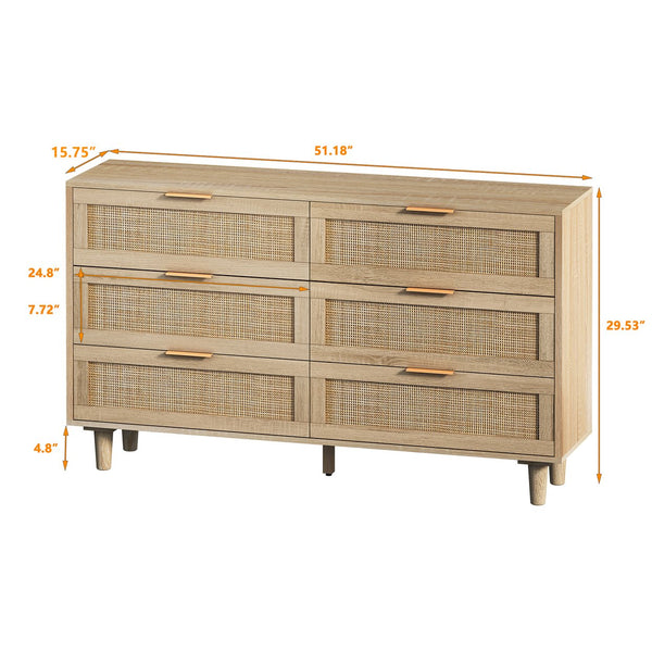 English Elm 51.18"6-Drawers Rattan Storage Cabinet with Natural Woven Drawers for Bedroom Living Room Decor, Durable Extra Storage W75784346