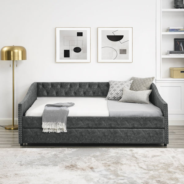 English Elm Full Size Daybed With Twin Trundle - Stylish Upholstered Sofa Bed With Tufted Design & Nailhead Trim W1413S00007