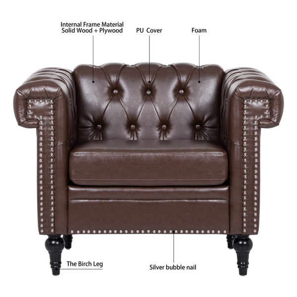 English Elm 1 Seater Quilted Pu Leather Accent Sofa with Pocket Spring Birch Legs Living Room W68085024