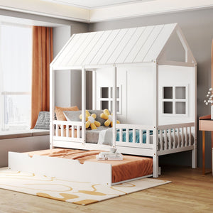 English Elm Twin House Bed White Pinewood Frame with Pull Out Trundle for Kids Bedroom LP001668AAK-2