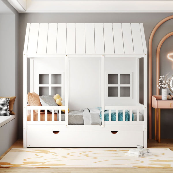 English Elm Twin House Bed White Pinewood Frame with Pull Out Trundle for Kids Bedroom LP001668AAK-2