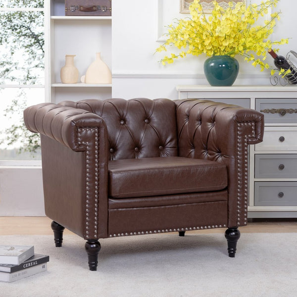 English Elm 1 Seater Quilted Pu Leather Accent Sofa with Pocket Spring Birch Legs Living Room W68085024
