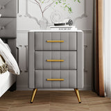 Gray Upholstered Nightstand, 3 Drawers, Metal Legs & Handles, Marbling Worktop