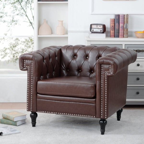 English Elm 1 Seater Quilted Pu Leather Accent Sofa with Pocket Spring Birch Legs Living Room W68085024