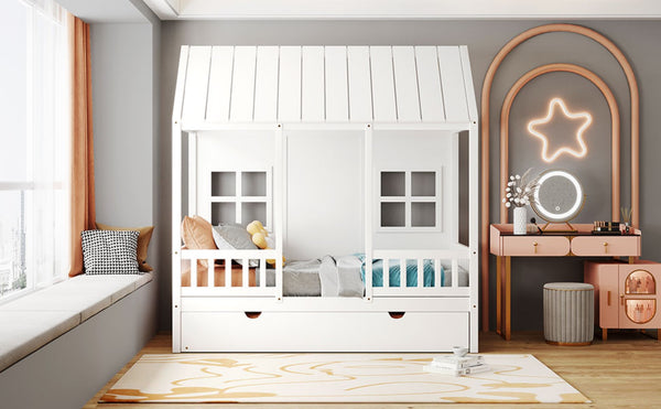 English Elm Twin House Bed White Pinewood Frame with Pull Out Trundle for Kids Bedroom LP001668AAK-2