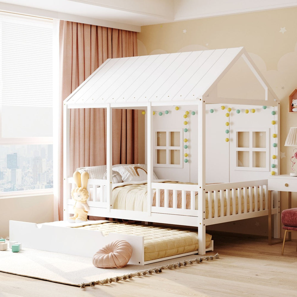 English Elm Full Size House Bed Wooden Frame with Twin Trundle Playhouse Design for Kids LP001667AAK-2