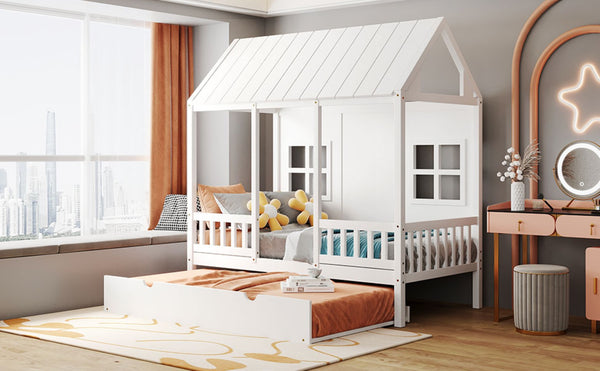 English Elm Twin House Bed White Pinewood Frame with Pull Out Trundle for Kids Bedroom LP001668AAK-2