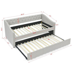 English Elm Twin Size Daybed With Trundle - Stylish Upholstered Sofa Bed With Tufted Back, Copper Nail Accents W1413S00006-GIGA