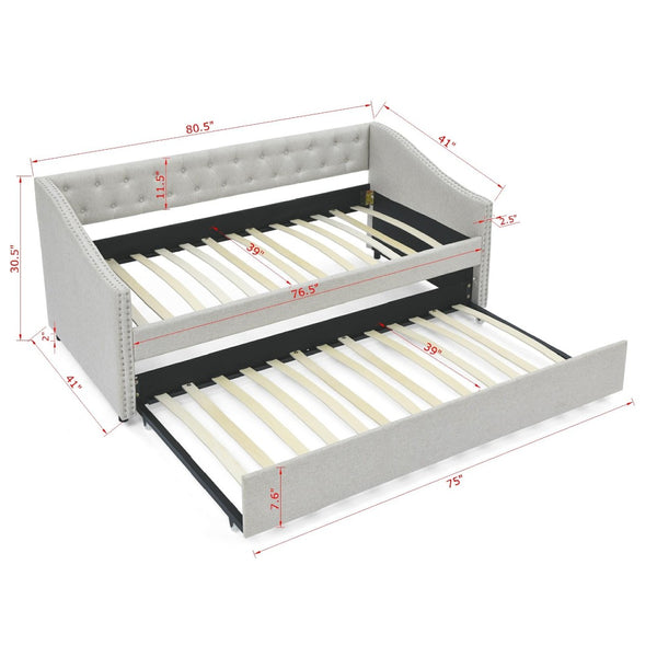 English Elm Twin Size Daybed With Trundle - Stylish Upholstered Sofa Bed With Tufted Back, Copper Nail Accents W1413S00006-GIGA