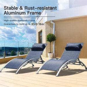 English Elm Outdoor Chaise Lounge Set of 2 Reclining Pool Chairs with Adjustable Headrest, Rustproof Aluminum Frame and Breathable Textilene Fabric for Patio Sunbathing Blue W1859109830