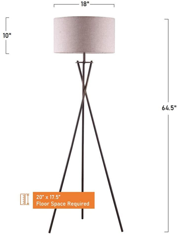 English Elm 65" Crossed Tripod Floor Lamp with Matte Metal Frame and White Fabric Shade, Adjustable 59"-73" Bronze B080107027