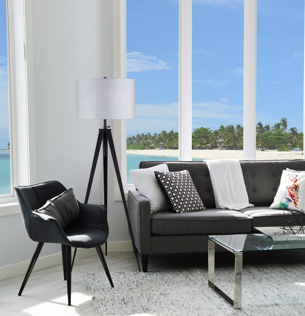 English Elm 65" Crossed Tripod Floor Lamp with Matte Metal Frame and White Fabric Shade, Adjustable 59"-73" Black B080107026