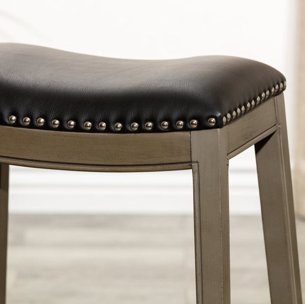 English Elm 24" Counter Height Saddle Stool Weathered Gray with Black Bonded Leather Seat & Nailhead Trim Durable Hardwood Frame B046109806