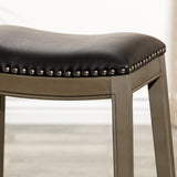 English Elm 30" Bar Height Saddle Stool, Weathered Gray Finish, Black Leather Seat