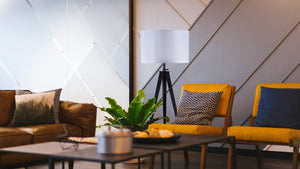 English Elm 65" Crossed Tripod Floor Lamp with Matte Metal Frame and White Fabric Shade, Adjustable 59"-73" Black B080107026