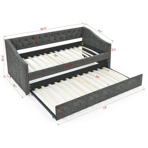 English Elm Twin Size Daybed With Trundle – Elegant Upholstered Sofa Bed, Button-Tufted Design In Grey Finish W1413S00005-GIGA