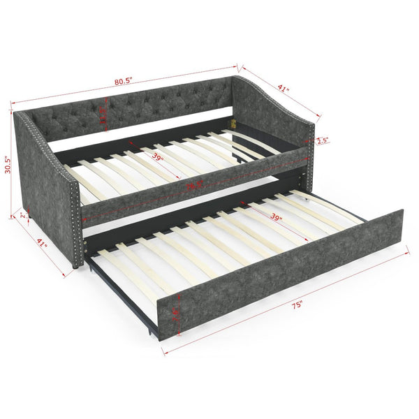 English Elm Twin Size Daybed With Trundle – Elegant Upholstered Sofa Bed, Button-Tufted Design In Grey Finish W1413S00005-GIGA