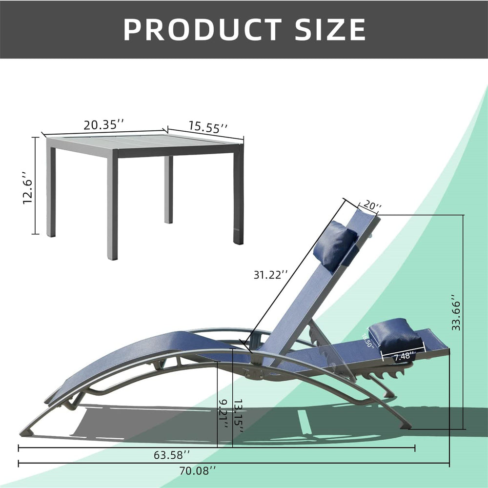 English Elm Pool Adjustable Aluminum Chaise Lounge Set with Detachable Pillow, 5 Recline Positions & Textilene Comfort Blue W1859109831