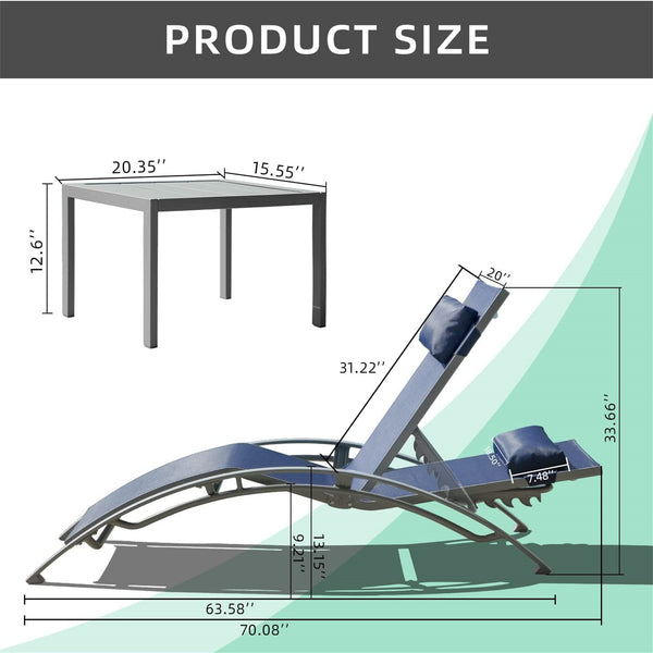 English Elm Pool Adjustable Aluminum Chaise Lounge Set with Detachable Pillow, 5 Recline Positions & Textilene Comfort Blue W1859109831