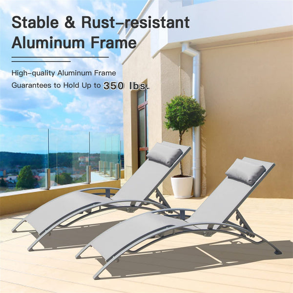 English Elm Outdoor Chaise Lounge Set of 2 Reclining Pool Chairs with Adjustable Headrest, Rustproof Aluminum Frame and Breathable Textilene Fabric for Patio Sunbathing Gray W1859109689