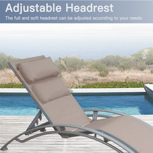 English Elm Outdoor Chaise Lounge Set of 2 Reclining Pool Chairs with Adjustable Headrest, Rustproof Aluminum Frame and Breathable Textilene Fabric for Patio Sunbathing khaki W1859109832