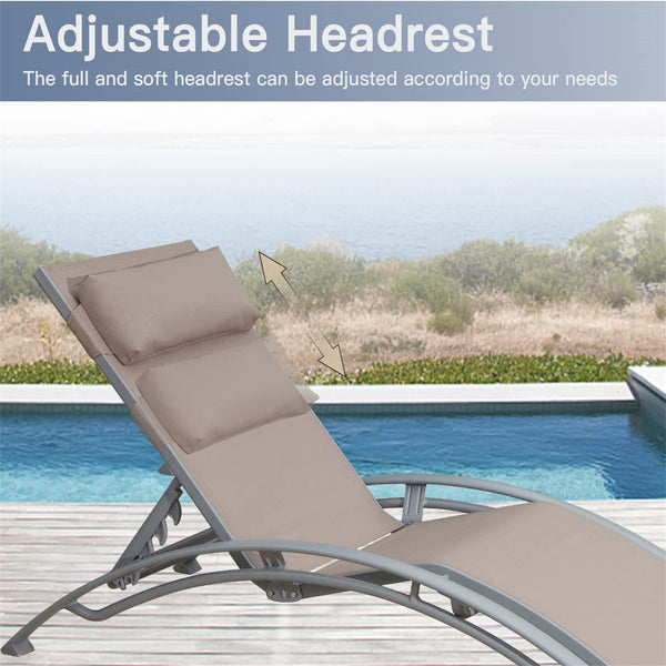 English Elm Outdoor Chaise Lounge Set of 2 Reclining Pool Chairs with Adjustable Headrest, Rustproof Aluminum Frame and Breathable Textilene Fabric for Patio Sunbathing khaki W1859109832
