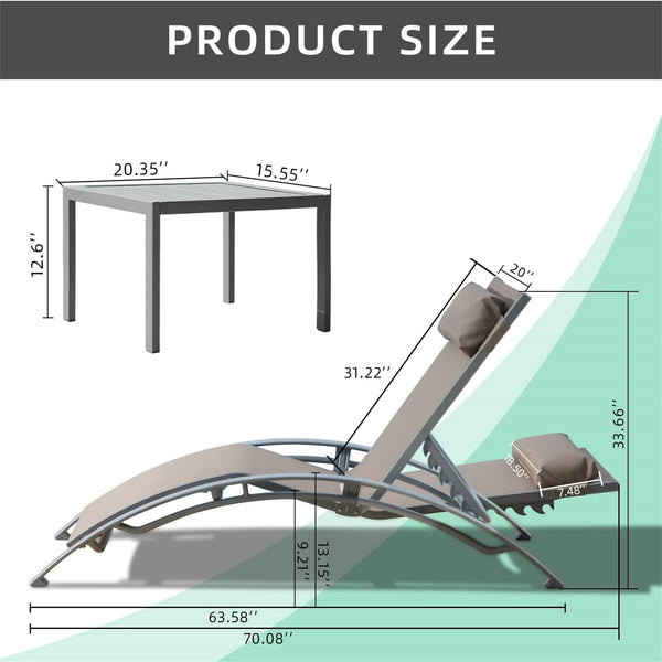 English Elm Pool Adjustable Aluminum Chaise Lounge Set with Detachable Pillow, 5 Recline Positions & Textilene Comfort khaki W1859109833