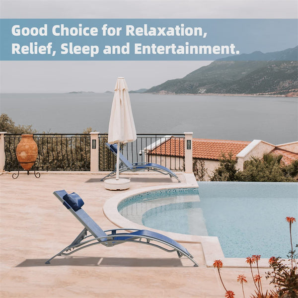 English Elm Outdoor Chaise Lounge Set of 2 Reclining Pool Chairs with Adjustable Headrest, Rustproof Aluminum Frame and Breathable Textilene Fabric for Patio Sunbathing Blue W1859109830