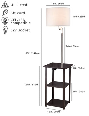 English Elm 58" Brown Mix Squared Sofa Side Table with Lamp, USB & Outlet Charging Station, Espresso Wood Top and Metal Legs B080107037