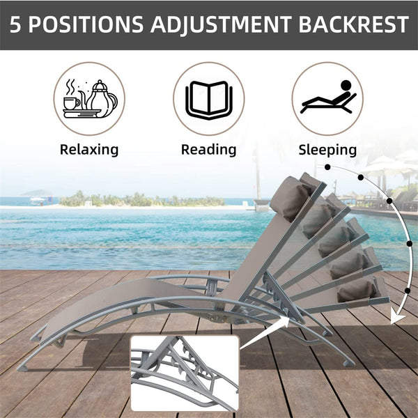 English Elm Pool Adjustable Aluminum Chaise Lounge Set with Detachable Pillow, 5 Recline Positions & Textilene Comfort khaki W1859109833