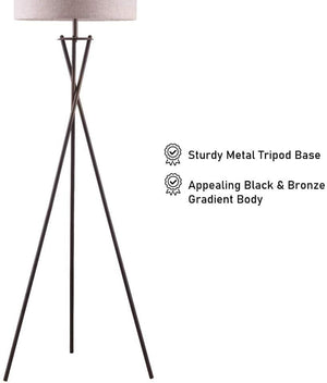 English Elm 65" Crossed Tripod Floor Lamp with Matte Metal Frame and White Fabric Shade, Adjustable 59"-73" Bronze B080107027